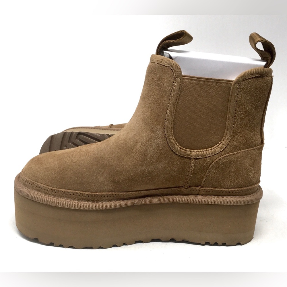 🔴SOLD Ugg Neumel Platform Chelsea Boots Chestnut Suede Shearling Sheepskin - Picture 10 of 15